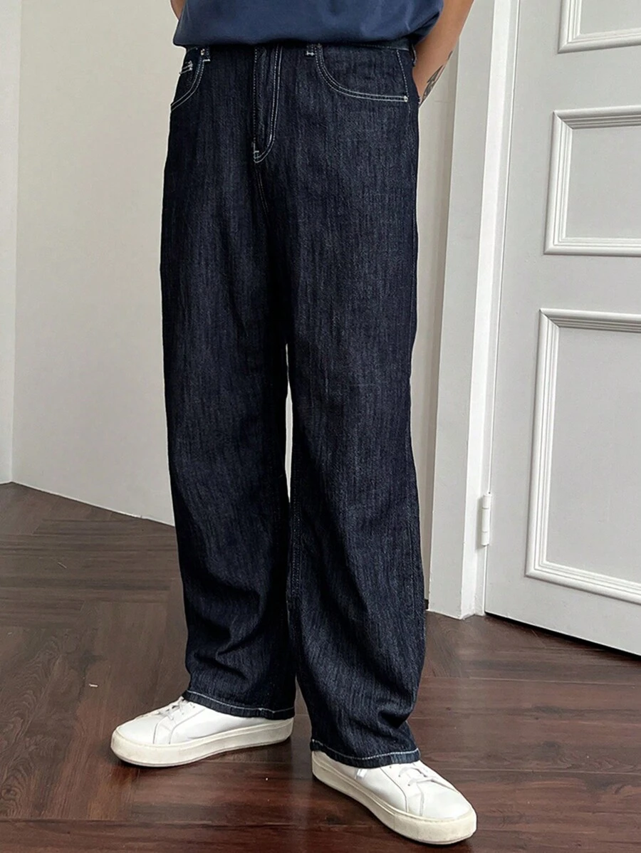 DAZY Autumn Solid Color Pocket Loose Casual Men's Denim Jeans - Blue - View 1