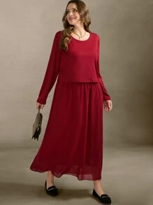 SHEIN LUNE Plus Size Women Comfort Patchwork Chiffon 2 In 1 Dress, Suitable For Valentine's, Wedding, Red Dresses For Women, Valentine's Day