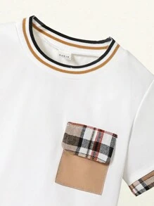 SHEIN 2 stuks/set peuterjongens casual campus geruit patchwork korte mouwen T-shirt met bijpassende geruite shorts, losse pasvorm, geschikt voor dagelijks gebruik in de zomer