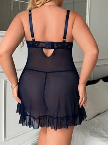 SHEIN 2 件大码蕾丝撞色网眼内衣套装：娃娃裙 + 丁字裤 - 藏蓝色 - 查看 2