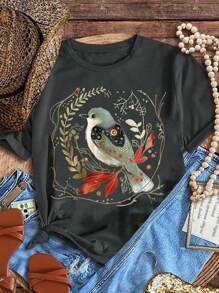 SHEIN LUNE 大码夏季图案鸟叶图腾印花图案连帽 T 恤，适合女士、森林自然爱好者 - 灰色 - 查看 1