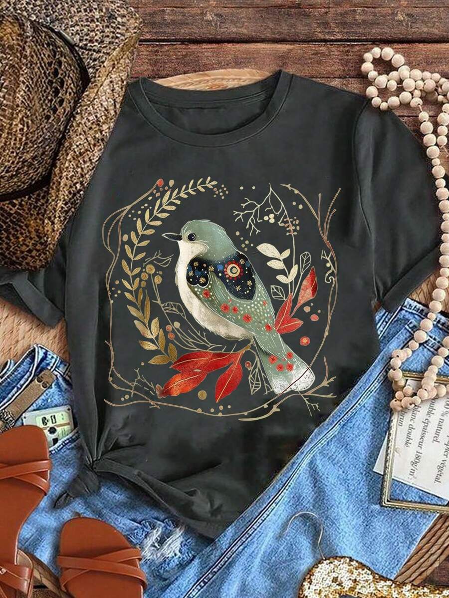 SHEIN LUNE 大码夏季图案鸟叶图腾印花图案连帽 T 恤，适合女士、森林自然爱好者 - 灰色 - 查看 1