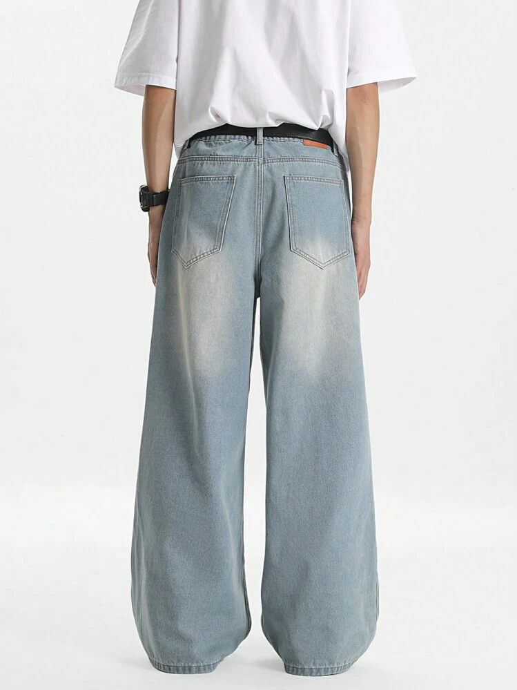 GALLERY FADE Men's Light Blue Vintage Washed Loose Straight Leg Jeans Going Out Street College Hang Out Sport - Light Wash - View 2