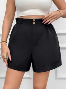 SHEIN LUNE Plus Size Ruffled Detail Elastic Waist Shorts - Black - View 3