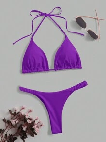 Swim Basics Bộ đồ bơi bikini hở lưng gợi cảm màu trơn dành cho nữ, đi nghỉ, đi biển mùa hè - Màu tím - Xem 3