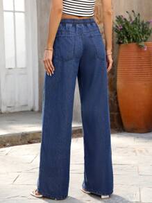 SHEIN Essnce 女士休闲抽绳腰阔腿牛仔裤 - 深色水洗藍 - 查看 2