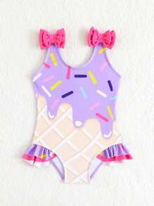 Baby Girl Sweet Bow Decor Cute Onepiece Swimsuit, Beach Vacation - Multicolor - View 5