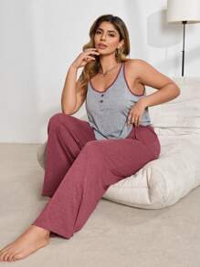 Lazeform Conjunto de pijama de talla grande con chaleco y pantalones de punto informal en bloques de color