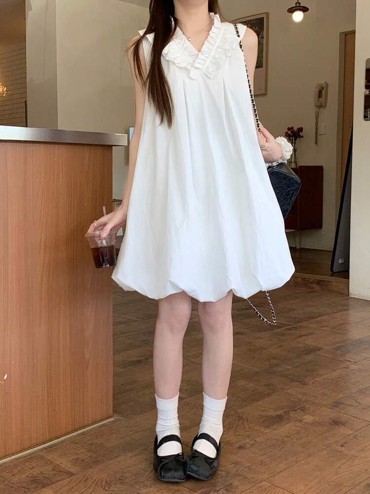 Women's V-Neck Casual Ruffle Hem Sleeveless Mid-Length Dress Sundress