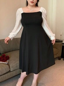 Dazy Plus Robe mi-mollet près du corps à manches évasées, col carré et blocs de couleurs, robe à manches longues pour le printemps/automne en grande taille