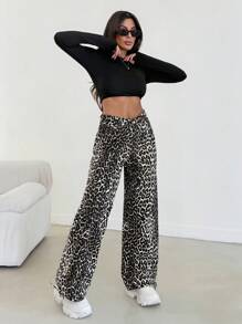 EURMUSE Women's Front Button Pocket Leopard Print Simple Casual Pants, For Everyday Wear - Multicolor - View 1