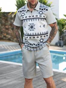 Manfinity RSRT Men Zipper Front Short Sleeve Printed Top And Shorts Set - Multicolor - View 5