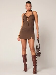 Glamine Women's Solid Color Split Front Tie Bust Cup Back Tie Zipper Fashionable Sexy Spaghetti Strap Vest Dress - Dress, Valentine's Day - Brown - View 4