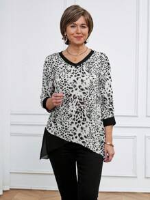 SHEIN LUNE Women Leopard Print V-Neck 3/4 Sleeve Loose Blouse - Black - View 6