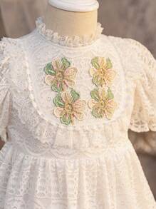 SHEIN 年轻女孩编织蕾丝立领泡泡袖修身连衣裙