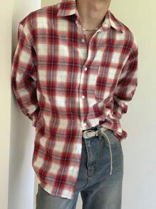 DAZY Spring Men's Retro Red Plaid Button Down Shirt,Fall Clothes - Red - View 3