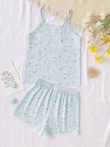 2pcs Tween Girls Ditsy Floral Sleeveless Top & Shorts Sets, Stylish & Lace Patchwork Home Outfit - Multicolor - View 2