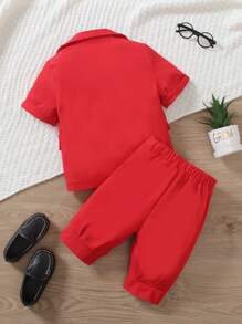 2pcs Suit Set - Short Sleeve Blazer Jacket & Shorts, Woven Formal Gentleman Outfit For Party - Burgundy - View 2