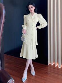 DAZY Vestido midi liso con mangas abullonadas y escote en V, para mujer, con volantes, vestido largo de manga larga para otoño