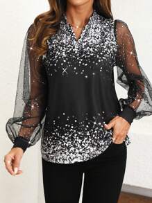 SHEIN Clasi Camiseta ajustada de manga abullonada con estampado y tela de organza metalizada de color plateado - Negro - Ver 5