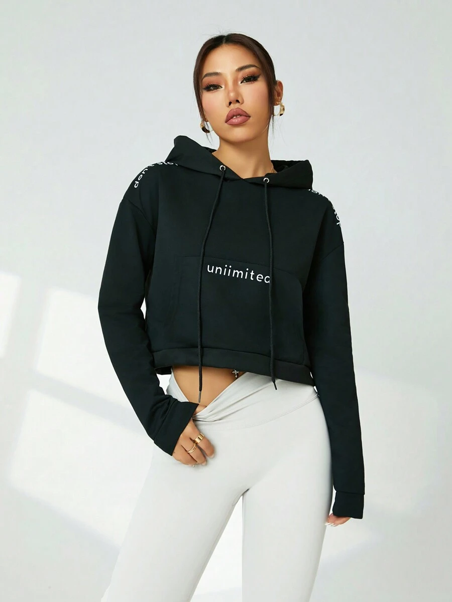 Easithlete Women Casual Pocket Hooded Long Sleeve Sweatshirt, Daily Wear - Black - View 1