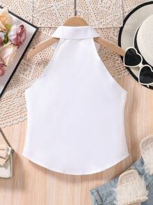 Sparklyn Tween Girls Solid Color Pleated Single-Breasted Sleeveless Shirt - White - View 2