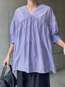 FRIFUL Women's V-Neck Puff Sleeve Blouse, Purple, Summer Clothing,Ruffle