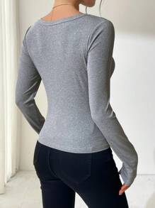 Women's Solid Color Lace Patchwork Front Button Long Sleeve Casual T-Shirt
