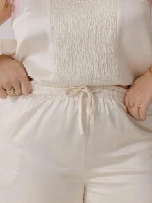 Aralina 曲线缎面蕾丝花边情人节褶皱前襟丝质吊带宽松抽绳休闲裤 - 杏色 - 查看 4