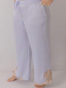 Aralina 曲线缎面丝滑蕾丝淡紫色装饰阔腿睡衣情人节裤 - 霧霾藍 - 查看 7