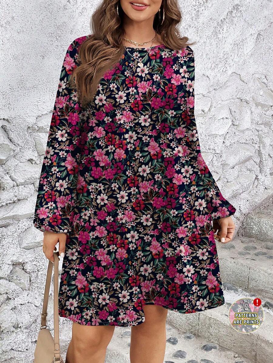 SHEIN LUNE Plus Size Women Floral Pattern Lantern Sleeve Mini Dress, Elegant Casual Suitable For Spring & Autumn,Beach Dress Sundress,Holiday Outfits Boho Chic Dress