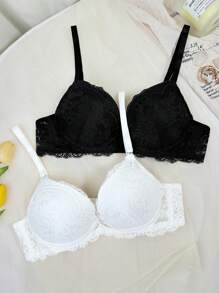 French Style Underwire Push-Up Bra, Thin Top & Thick Bottom Lingerie ,2 Pcs - Multicolor - View 1