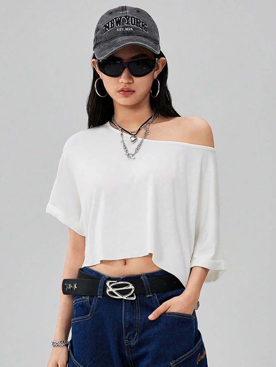 SHEIN Tween Girls Spring Basic Knit White Loose Off The Shoulder T-Shirt - White - View 1