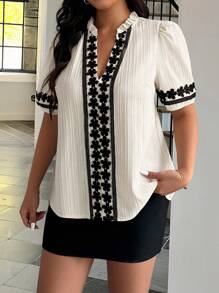 Calvaya Plus Size Summer Colorblock Ruffled Short Sleeve Casual Blouse - Apricot - View 3