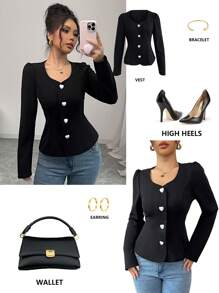 Elenzga 优雅黑色心形领长袖女式夹克 - 黑色 - 查看 5