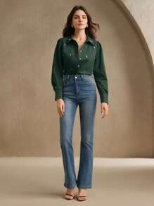 Anewsta 春夏优雅派对休闲通勤绿色水钻装饰女士长袖衬衫，情人节假期 - 墨綠色 - 查看 3