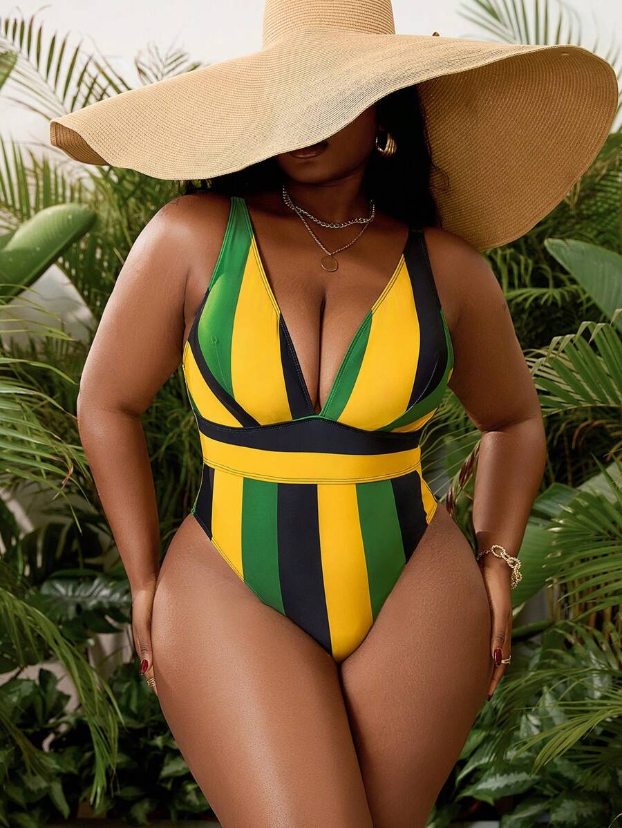 SHEIN Slayr CURVE 巴西狂欢节加大码渐变色连体泳衣，适合夏季海滩度假 - 彩色 - 查看 1