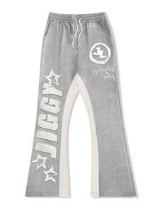 Manfinity EMRG Men's Color Block Letter Graphic Drawstring Waist Sweatpants, For Rave - Light Grey - View 3