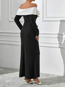 EURMUSE Vestito lungo da donna in colore bianco e nero con dettagli floreali a contrasto