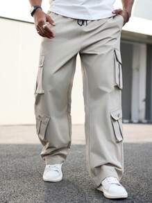 Manfinity LEGND Plus Size Men's Simple Straight-Leg Drawstring Pocket Casual Pants