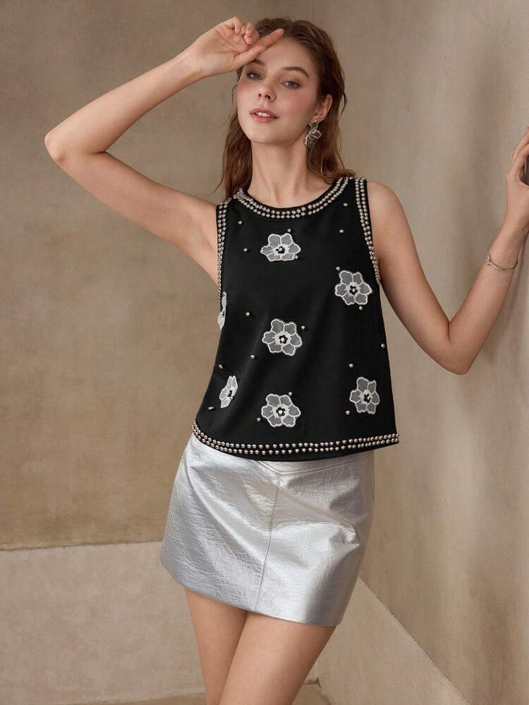 APPLIQUES BEADED SLEEVELESS BLOUSE