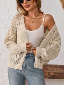 SHEIN LUNE 休闲纯色镂空心形纽扣女式针织开衫