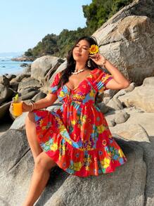 Flirla Plus Size Women Square Neck Heart Collar Krótki rękaw Nadruk Klatka piersiowa Wiązanie Kokarda Elegancka Retro Wakacyjna Sukienka Midi