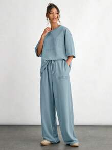 Manfinity INSISELF 2pcs/Set Men's Loose Dropped Shoulder Round Neck Short Sleeve T-Shirt + Drawstring Waist Straight Leg Pants Suit - Blue - View 4