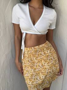 Sunnyshic White Tie Front Saw Tooth Trim Cropped Tee Shirt For Women - White - View 3
