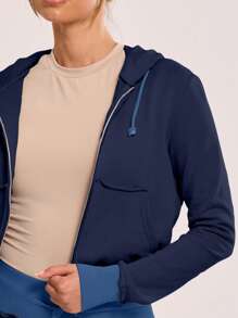 MUSERA Distressed Hem Zip Up Hooded Sweatshirt - Navy Blue - View 4