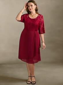 SHEIN Clasi Vestido rojo de talla grande elegante con parches de encaje, gasa con pliegues en la cintura y ajuste al Body, ideal para el Día de San Valentín y la primavera