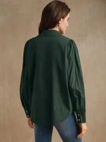 Anewsta 春夏优雅派对休闲通勤绿色水钻装饰女士长袖衬衫，情人节假期 - 墨綠色 - 查看 2