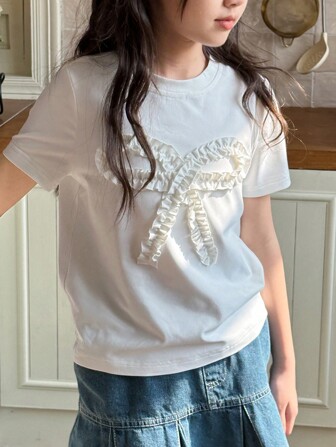 Dazy Kids T-shirt tricoté à col rond et manches courtes pour préadolescente, vêtements d'automne et d'été pour préadolescente