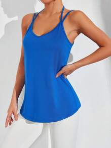 Easithlete 女式纯色日常健身瑜伽运动吊带背心 - 藍色 - 查看 5